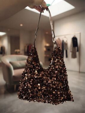 Sequin-Trim Brown Shoulder Bag with Metallic Accents